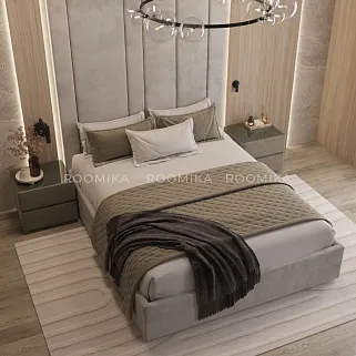 Cпальня с мягкой стеновой панелью и кроватью подиумом