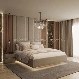 Cпальня с мягкой стеновой панелью и кроватью подиумом 4
