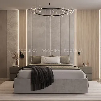 Cпальня с мягкой стеновой панелью и кроватью подиумом