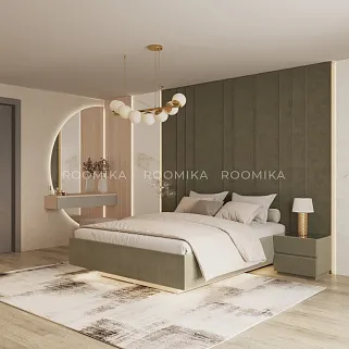 Cпальня с мягкой стеновой панелью и кроватью подиумом 2