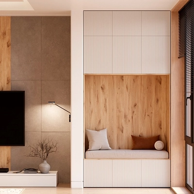 Балкон с удобной мягкой нишей и шкафом с фрезерованными фасадами №130