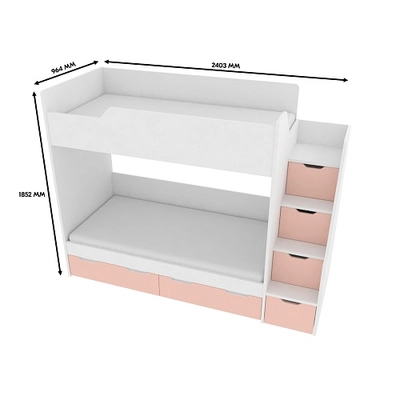 Кровать двухъярусная с лестницей комодом, фасады в эмали LE904, 90x190 L/R
