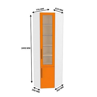 Шкаф угловой книжный со стеклом разносторонний с подсветкой L247.44 L/R