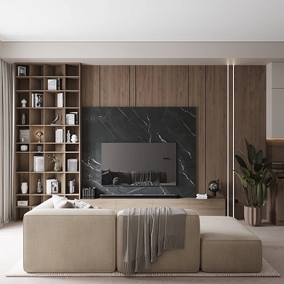 Гостиная с высоким стеллажом №8