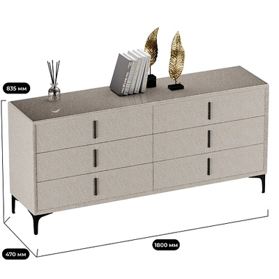 Комод мягкий, стекло прозрачное, ножки черные ГРЕЙС786