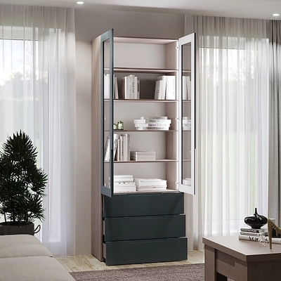 Шкаф книжный с тремя ящиками со стеклом, фасады в эмали LE213S с подсветкой