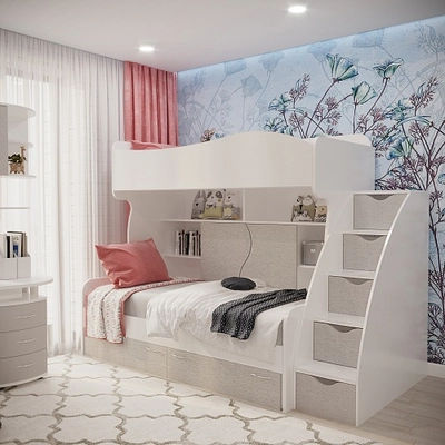 Кровать двухъярусная с лестницей комодом P904, 90x200