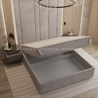 Cпальня с мягкой стеновой панелью и кроватью подиумом 1