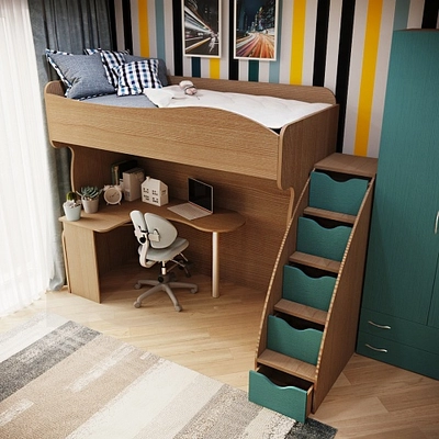 Кровать-чердак с рабочей зоной и лестницей P907, 90x200