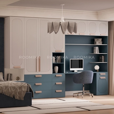 Рабочая зона для детской комнаты, фрезерованные фасады в эмали Лацио 206