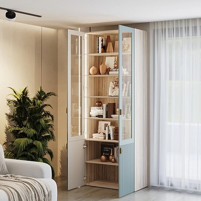 Шкаф книжный со стеклом, фрезерованные фасады в эмали с подсветкой LE214S