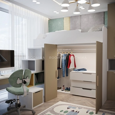 Кровать-чердак со встроенным столом, тумбой и шкафом L920, 90x190 L/R