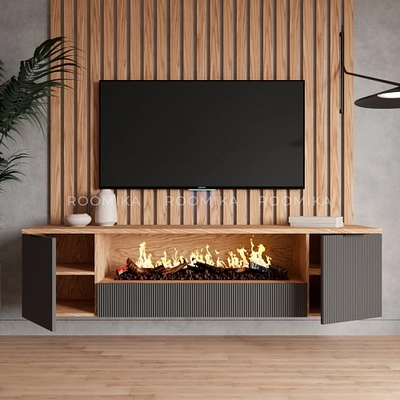 Тумба ТВ навесная с электрокамином, фрезерованные фасады в эмали LE549.451