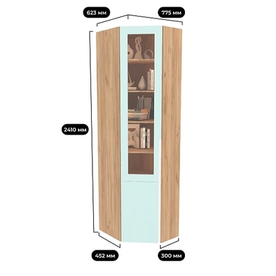 Шкаф угловой книжный со стеклом разносторонний с подсветкой, фасады в эмали LE247.44 L/R