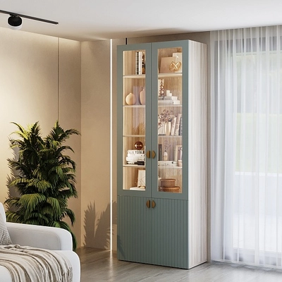 Шкаф книжный со стеклом, фрезерованные фасады в эмали с подсветкой LE214S