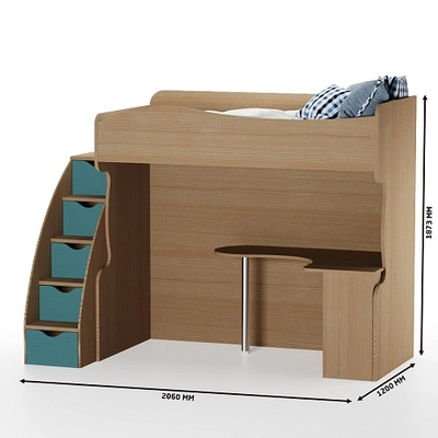 Кровать-чердак с рабочей зоной и лестницей P907, 90x200