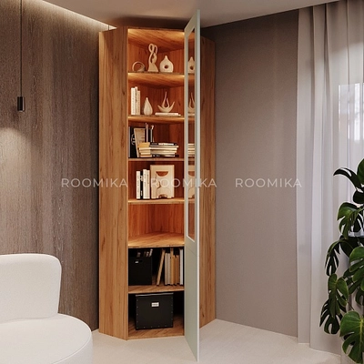 Шкаф угловой книжный со стеклом разносторонний с подсветкой, фасады в эмали LE247.44 L/R