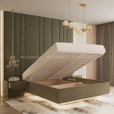 Cпальня с мягкой стеновой панелью и кроватью подиумом 2