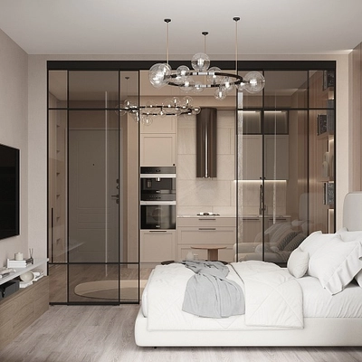 Прозрачная межкомнатная перегородка для спальни, стекло Титан GRACE 7