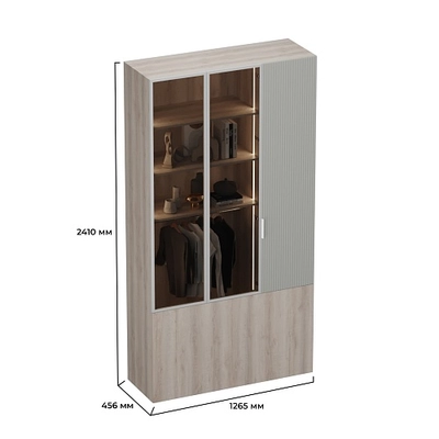 Шкаф трехдверный со стеклом в профиле с подсветкой, фрезерованные фасады в эмали LEF212.4-120 L/R