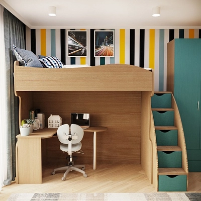 Кровать-чердак с рабочей зоной и лестницей P907, 90x200