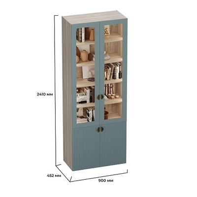 Шкаф книжный со стеклом, фрезерованные фасады в эмали с подсветкой LE214S