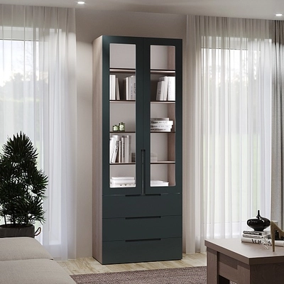 Шкаф книжный с тремя ящиками со стеклом, фасады в эмали LE213S с подсветкой