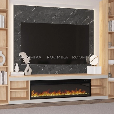 Тумба ТВ напольная с электрокамином, фрезерованные фасады в эмали LE546