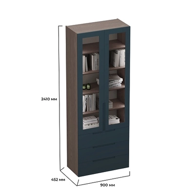 Шкаф книжный с тремя ящиками со стеклом, фасады в эмали LE213S с подсветкой