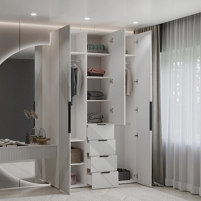 Шкаф трехдверный с ящиками узкий, фрезерованные фасады в эмали LE203.44