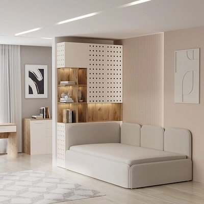 Шкаф двухдверный с фальш стенкой и нишей с подсветкой, фрезерованные фасады в эмали LE212.3