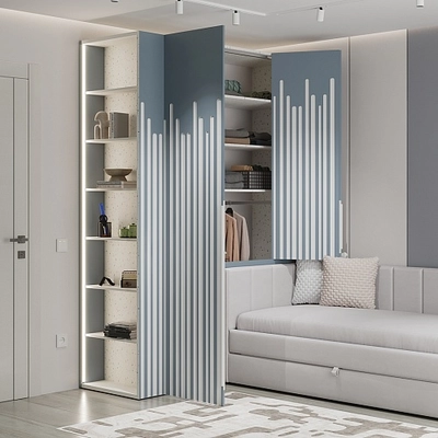 Шкаф двухдверный с фальш-стенкой и раздвижжными дверьми, фрезерованные фасады в эмали LE205 L/R