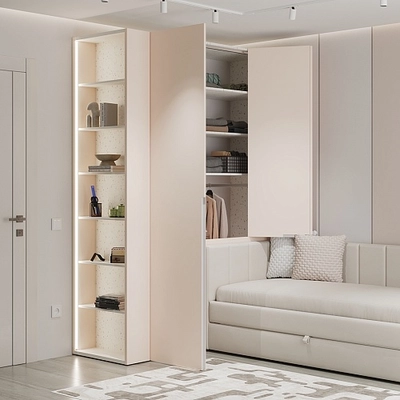 Шкаф двухдверный с фальш-стенкой и раздвижжными дверьми, фасады в эмали LE205 L/R