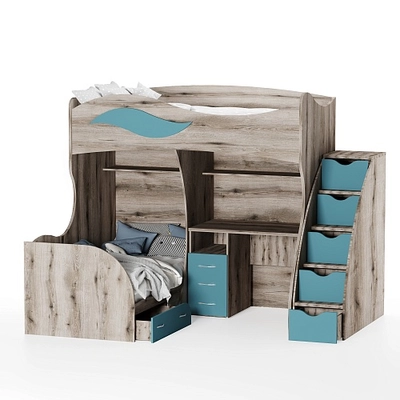 Кровать двухъярусная угловая со столом и лестницей комодом P909, 90x200