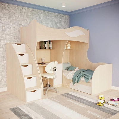 Кровать двухъярусная угловая со столом и лестницей комодом P909, 90x200