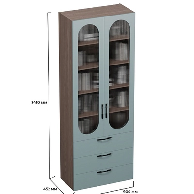 Шкаф книжный с тремя ящиками со стеклом, фрезерованные фасады в эмали LE213S