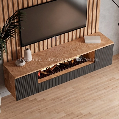 Тумба ТВ навесная с электрокамином, фрезерованные фасады в эмали LE549.451