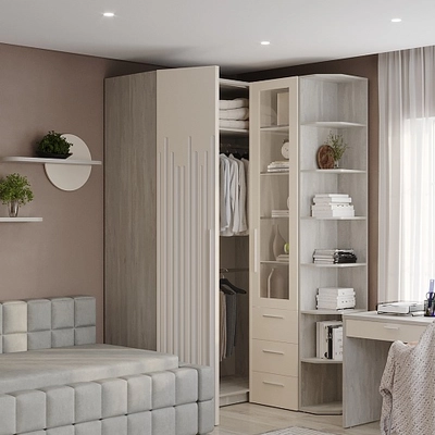 Шкаф со складными дверьми и фальш панелью, фрезерованные фасады в эмали LE206 L/R