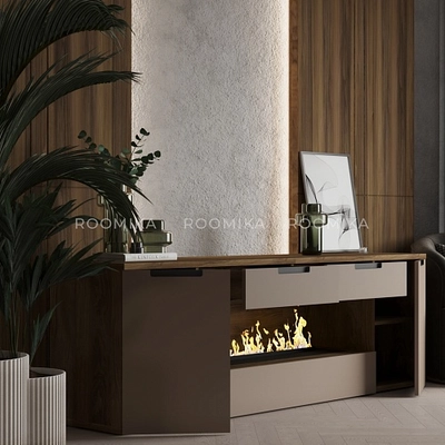 Тумба ТВ навесная с электрокамином, фасады в эмали LE550.450