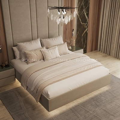 Cпальня с мягкой стеновой панелью и кроватью подиумом 3