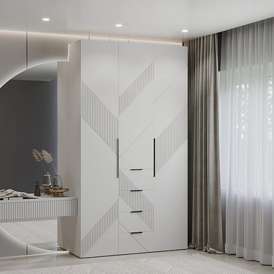 Шкаф трехдверный с ящиками узкий, фрезерованные фасады в эмали LE203.44