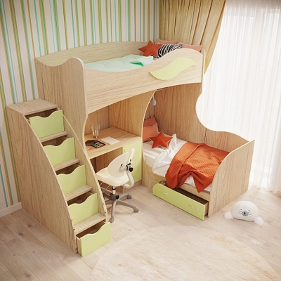 Кровать двухъярусная угловая со столом и лестницей комодом P909, 90x200