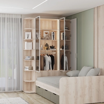 Шкаф трехдверный со стеклом в профиле с подсветкой, фрезерованные фасады в эмали LEF212.4-120 L/R