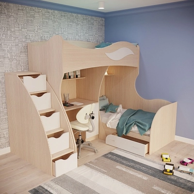 Кровать двухъярусная угловая со столом и лестницей комодом P909, 90x200