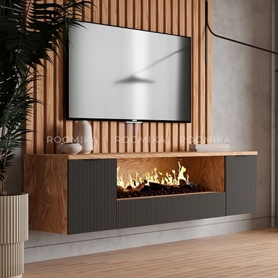 Тумба ТВ навесная с электрокамином, фрезерованные фасады в эмали LE549.451