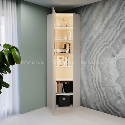 Шкаф угловой книжный со стеклом, фасады в эмали LE247 с подсветкой