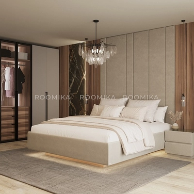 Cпальня с мягкой стеновой панелью и кроватью подиумом 3