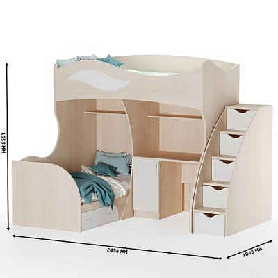 Кровать двухъярусная угловая со столом и лестницей комодом P909, 90x200