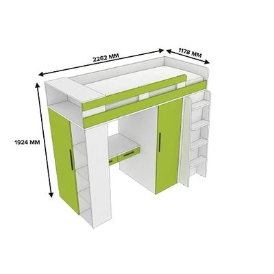 Кровать-чердак с рабочей зоной L903, 90x190 L/R