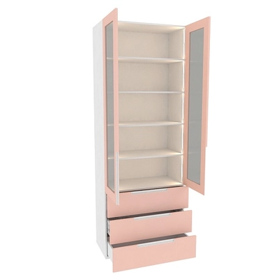 Шкаф книжный с тремя ящиками со стеклом, фасады в эмали LE213S с подсветкой